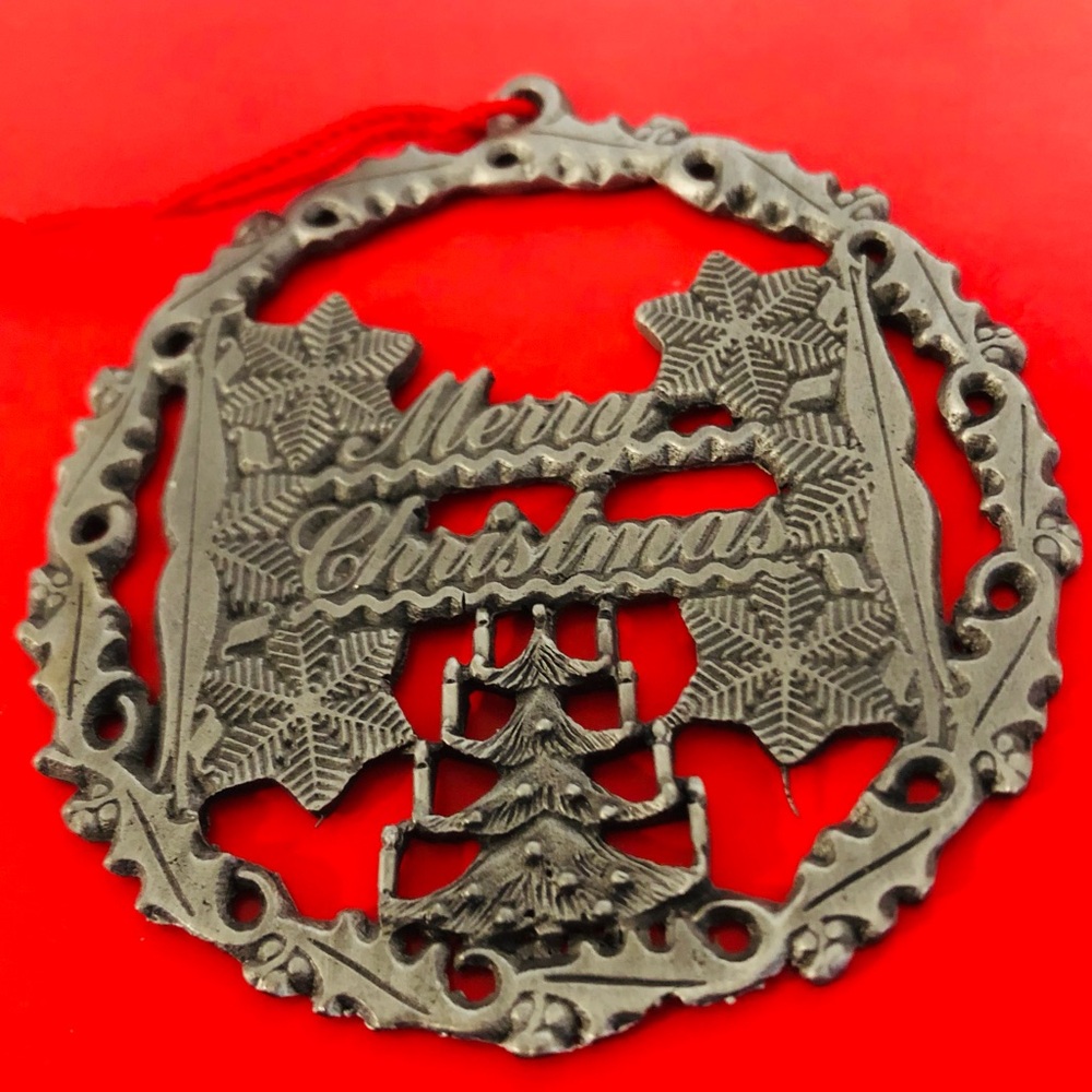 Vintage Christmas Ornament - Gish Pewter, Merry Christmas, 2.5”